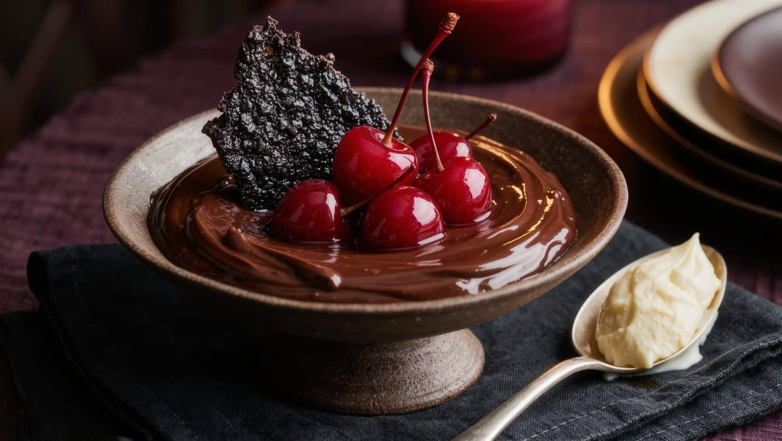 Warm light across a dish of dark chocolate custard with sour cherries and cocoa brittle, a candlelit table softly out of focus behind
