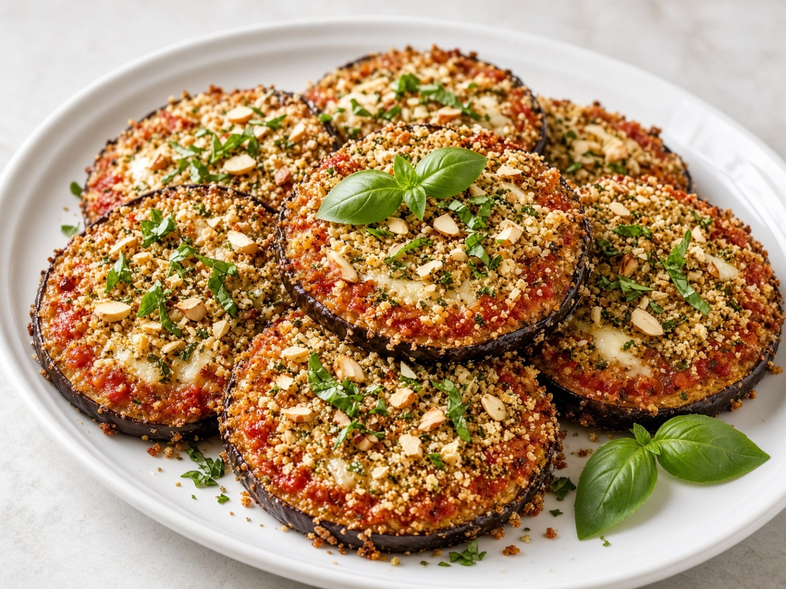Rounds of eggplant parmesan with tomato sauce, melted cheese, almond-herb crumb and fresh basil on a white platter