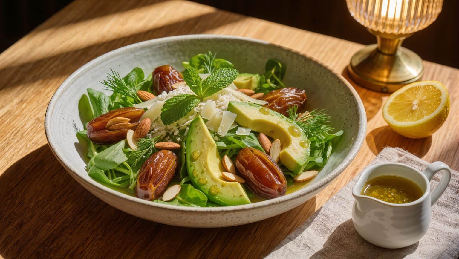 A shallow ceramic bowl of little gem leaves with glossy Medjool dates, sliced avocado, toasted almonds, mint and shaved pecorino, beside a jug of champagne vinaigrette and a cut lemon