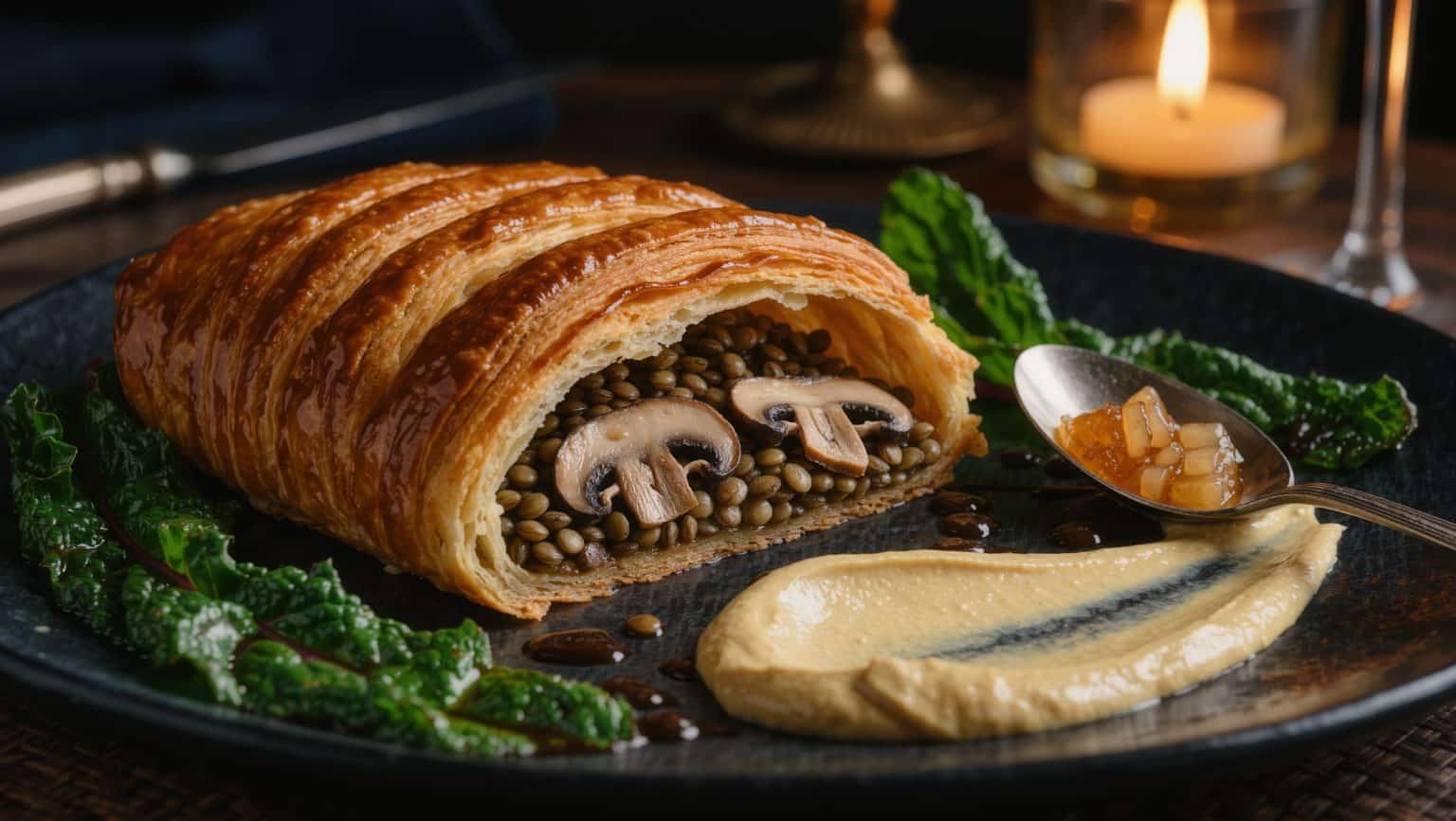 A burnished mushroom and lentil pithivier cut open to show dark layered filling, beside a pool of pale mustard cream, dressed bitter leaves and a spoon of amber apple relish