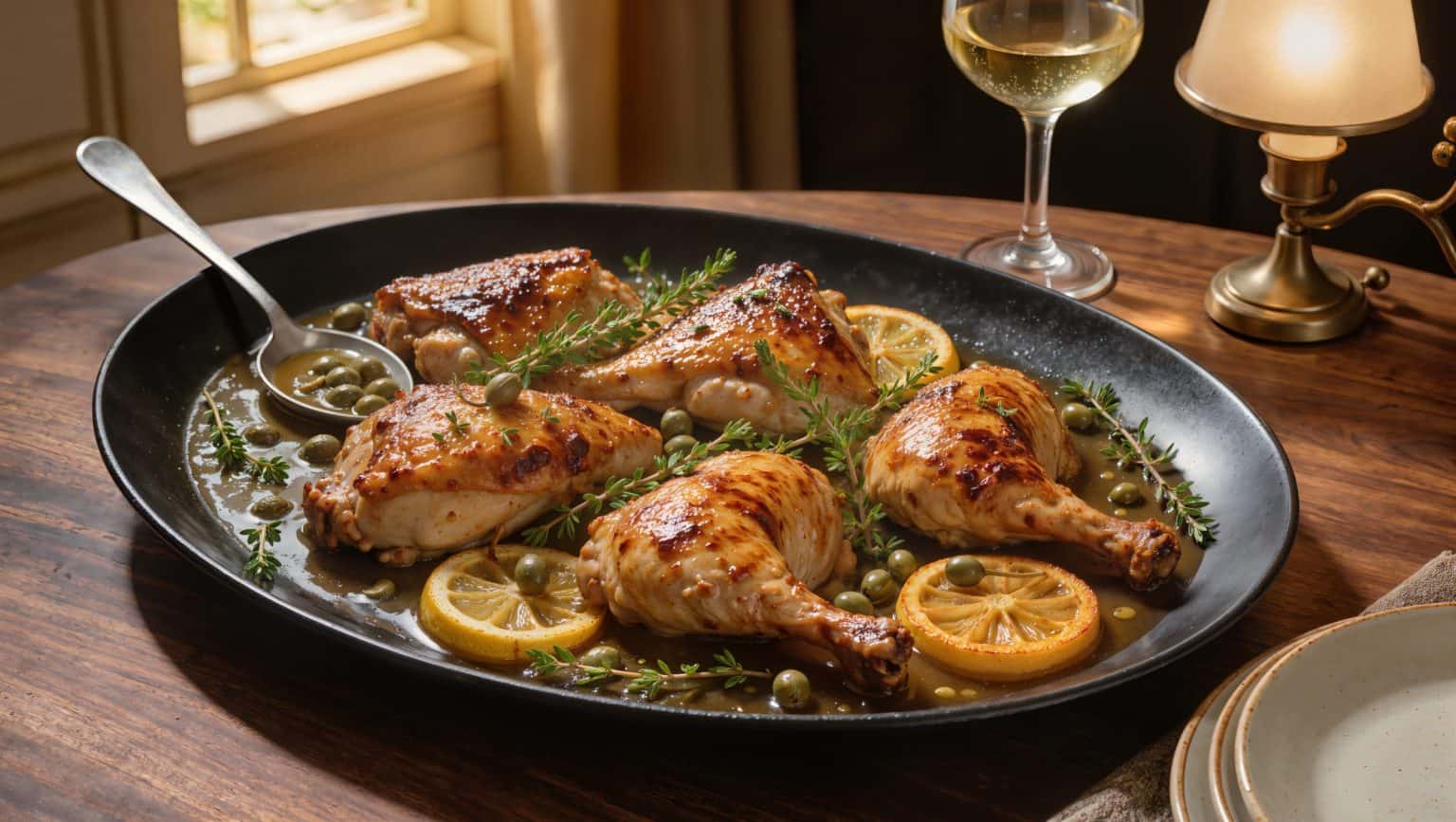 Bone-in chicken thighs with burnished golden skin resting in a glossy pan sauce with capers, thyme and caramelized lemon on a dark platter, beside a glass of white wine