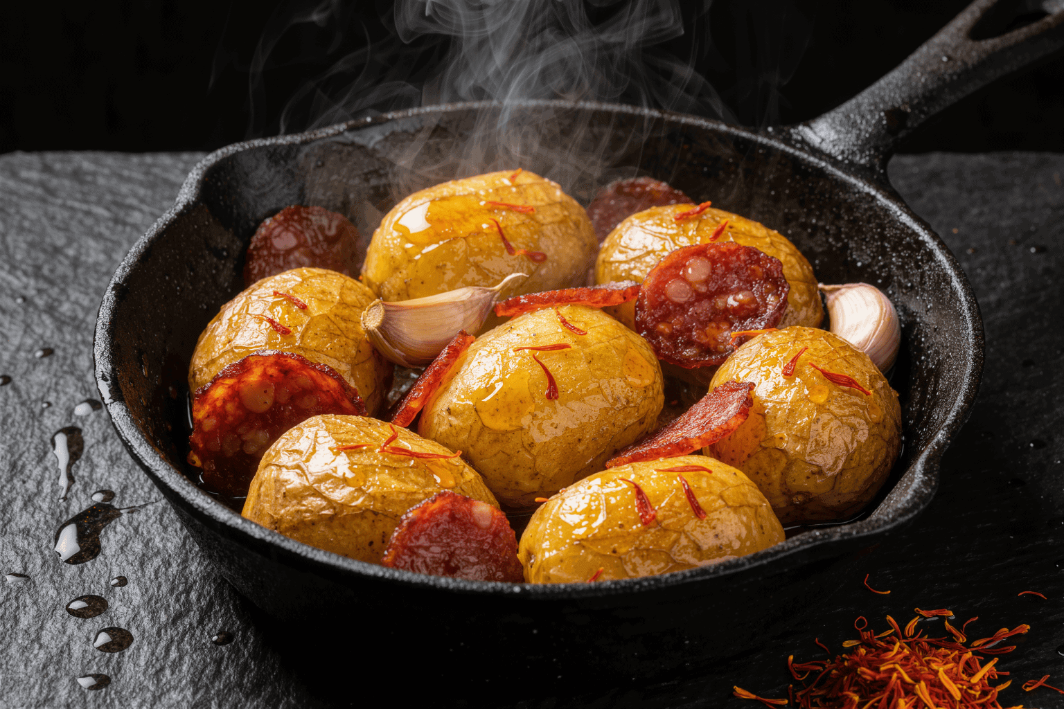 Saffron-gold potatoes with chorizo coins and garlic in a smoking cast-iron skillet
