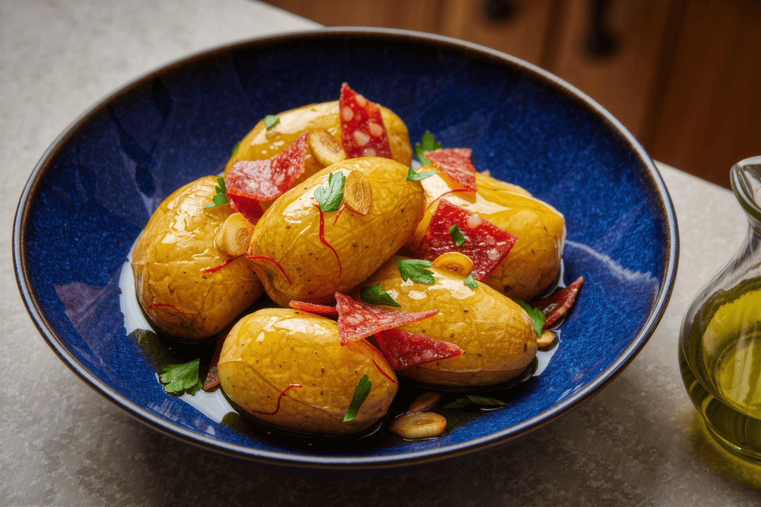 Saffron potatoes glossy with olive oil in a deep blue bowl with chorizo and parsley, oil pitcher beside