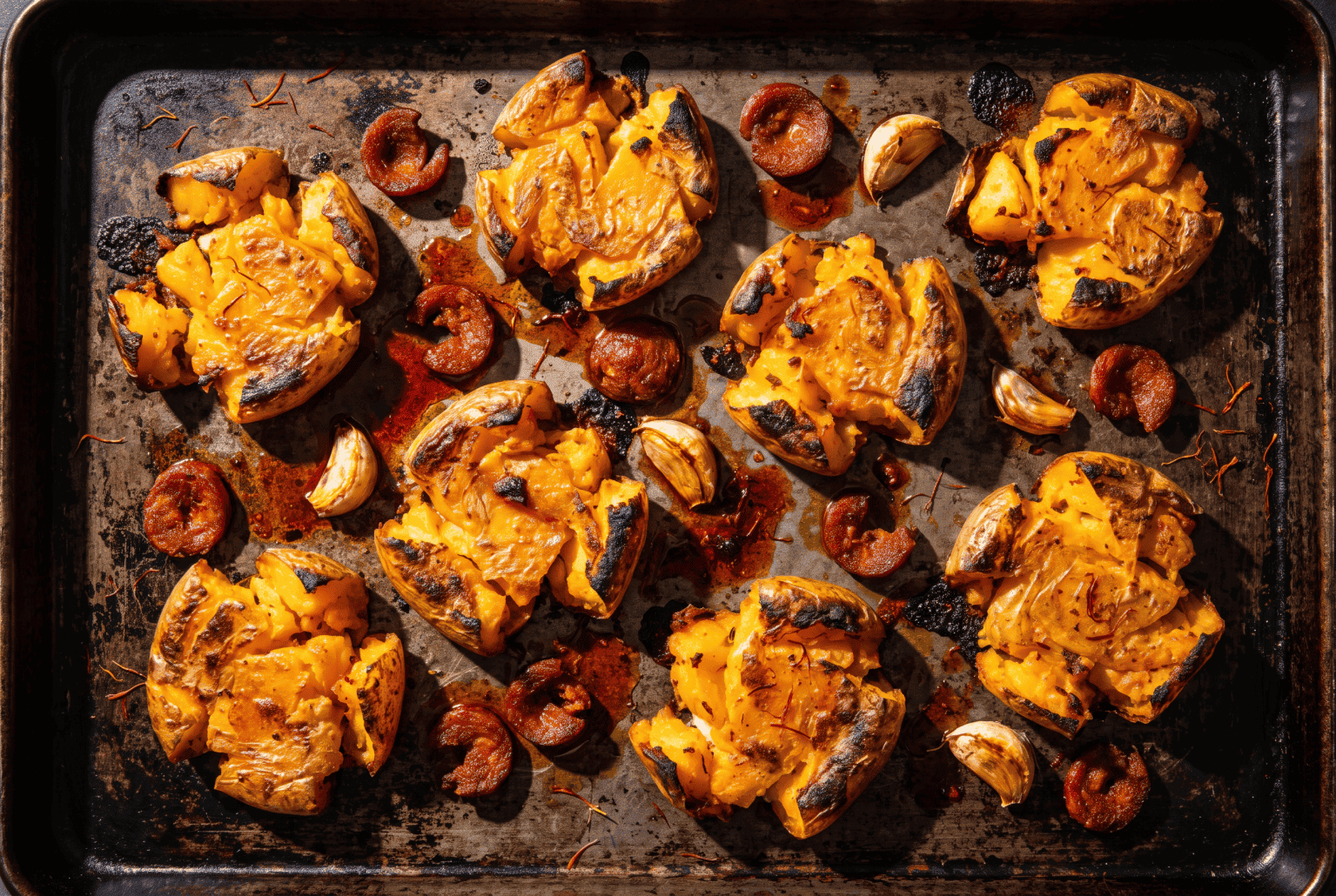 Saffron-orange smashed potatoes roasted dark at the edges on a sheet pan with chorizo coins and garlic