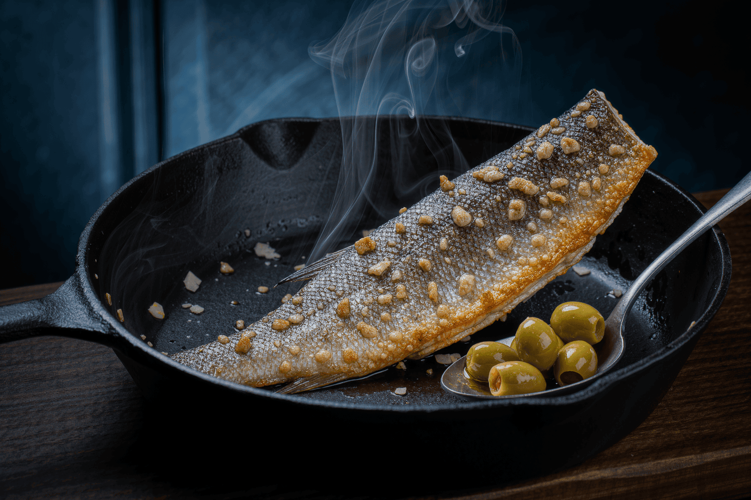 A sea bass fillet with deeply crisped skin in a cast-iron skillet beside a spoon of crushed green olives