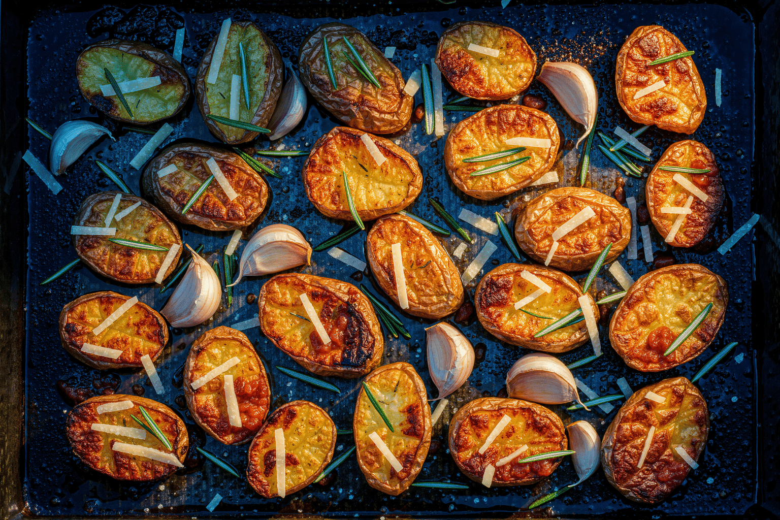 Overhead sheet pan of blistered roast potatoes with collapsed garlic cloves and rosemary, cool blue light