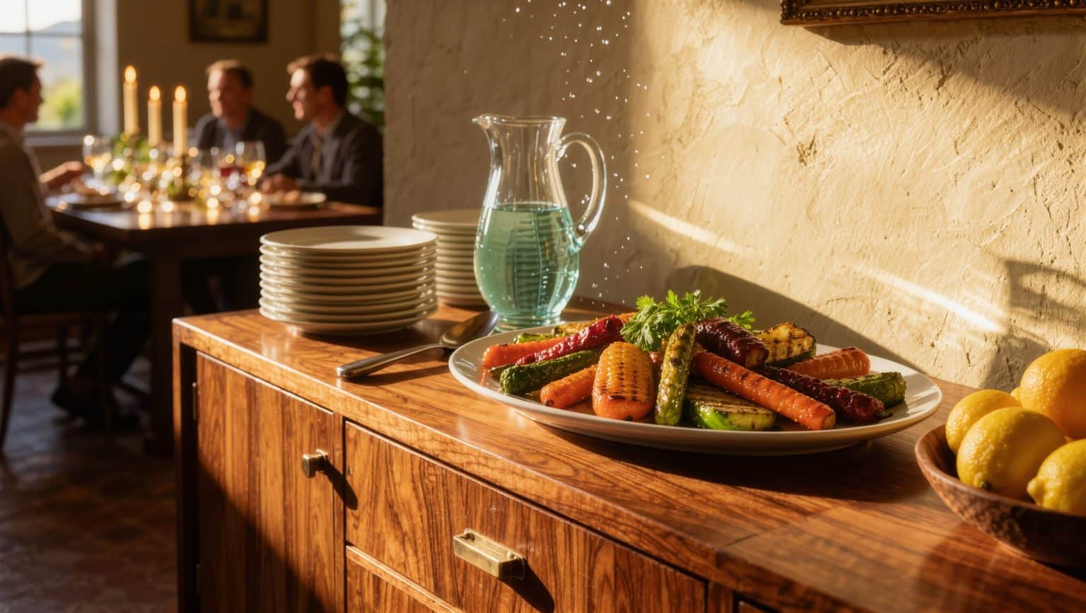 Golden late-afternoon light on a sideboard set as a service station, with plates, a platter of roasted vegetables and herbs, a glowing pitcher, and guests at a candlelit table behind