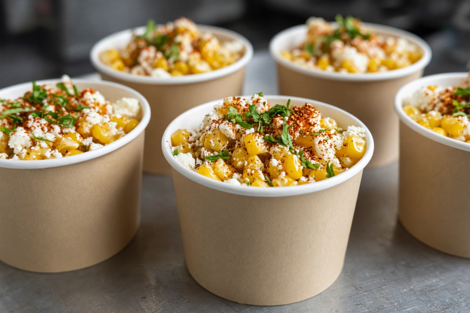 Esquites in paper cups with lime, chile, queso fresco, and cilantro