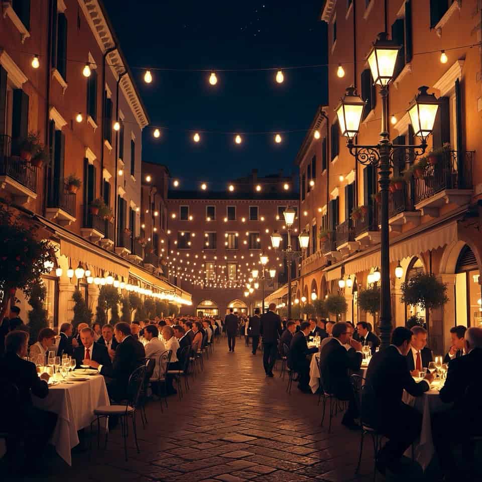 Diners at white-clothed tables along a lamplit Italian street at night, under strings of cafe lights