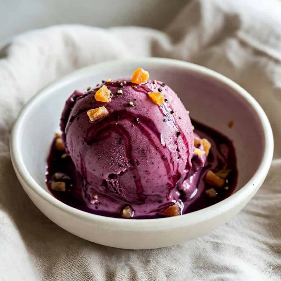 Scoop of deep purple plum sorbet in a cream bowl with plum syrup, candied ginger and cracked black pepper