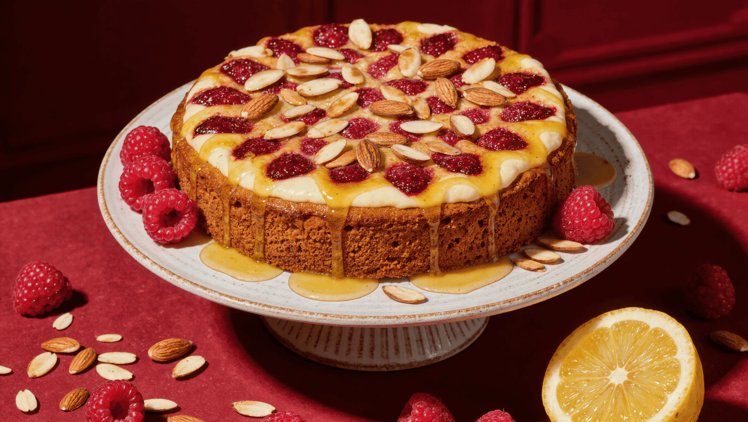 Rustic almond cake glazed with lemon syrup on a stand, scattered with fresh raspberries and flaked toasted almonds