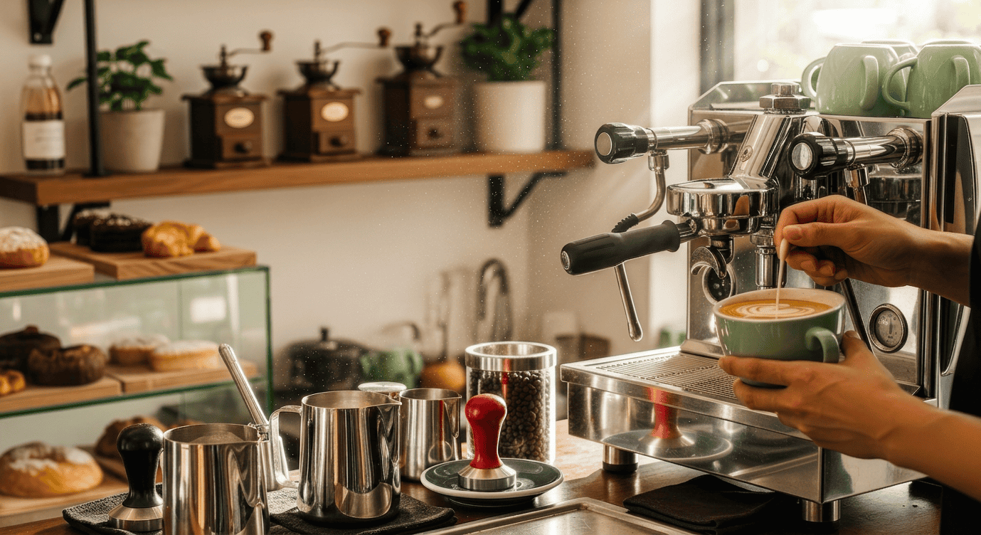 An espresso machine mid-pour beside a tamper, milk pitchers and a jar of beans, with hand grinders on the shelf behind.