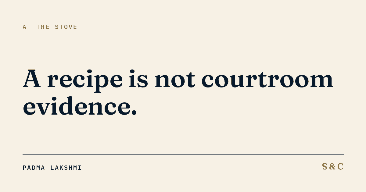 Cover card. At the stove. The headline reads: A recipe is not courtroom evidence.