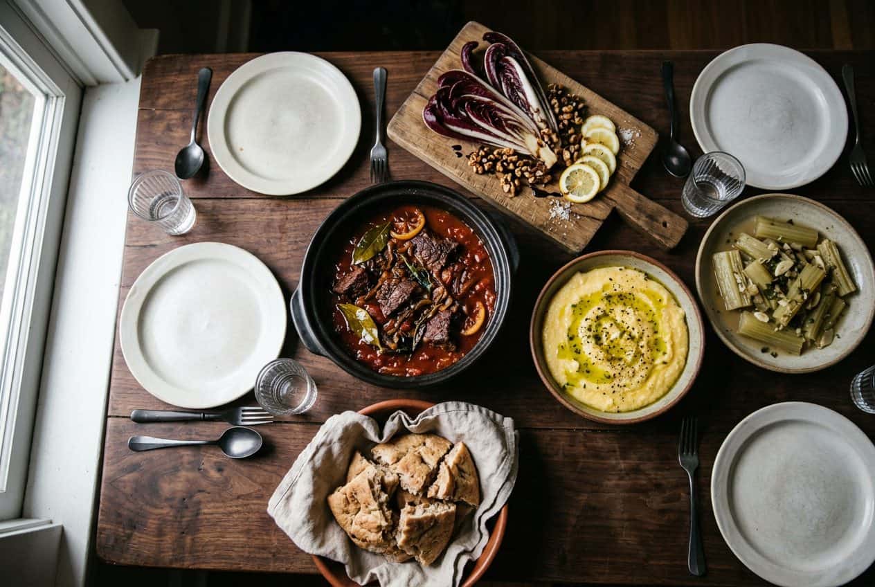 A winter table seen from above: beef braised in tomato with lemon and bay leaves, soft polenta with green oil, braised cardoons, radicchio with walnuts, and flatbread in a cloth