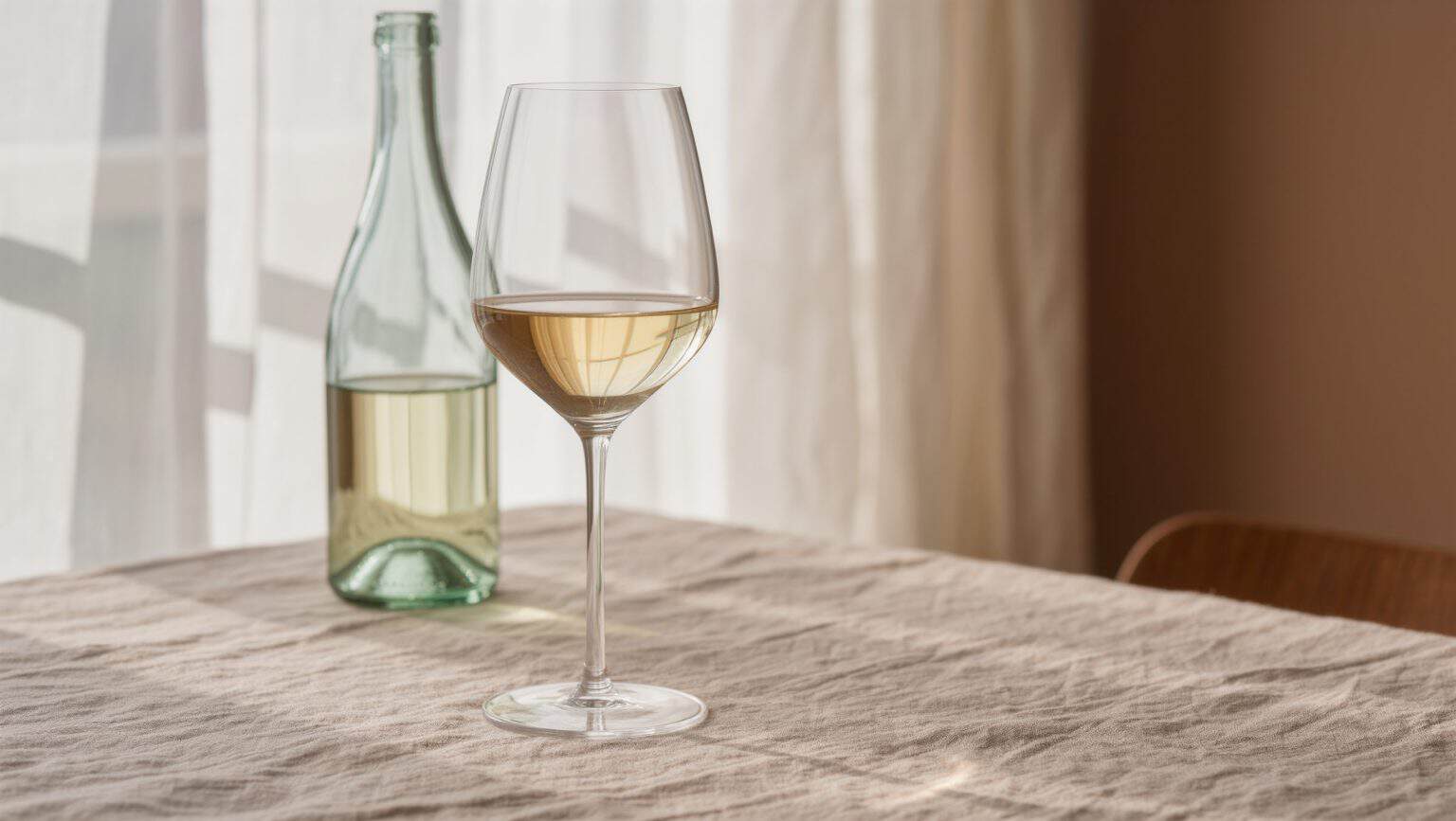 A stemmed glass of pale straw-gold wine on oatmeal linen beside an unlabeled glass bottle, lit by soft daylight from a large window.