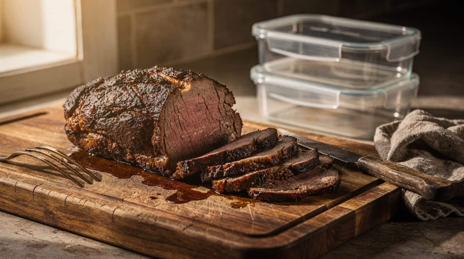 A large slow-cooked cut of beef on a wooden board with a dark crust, sliced at one end, a carving fork set down beside the juices