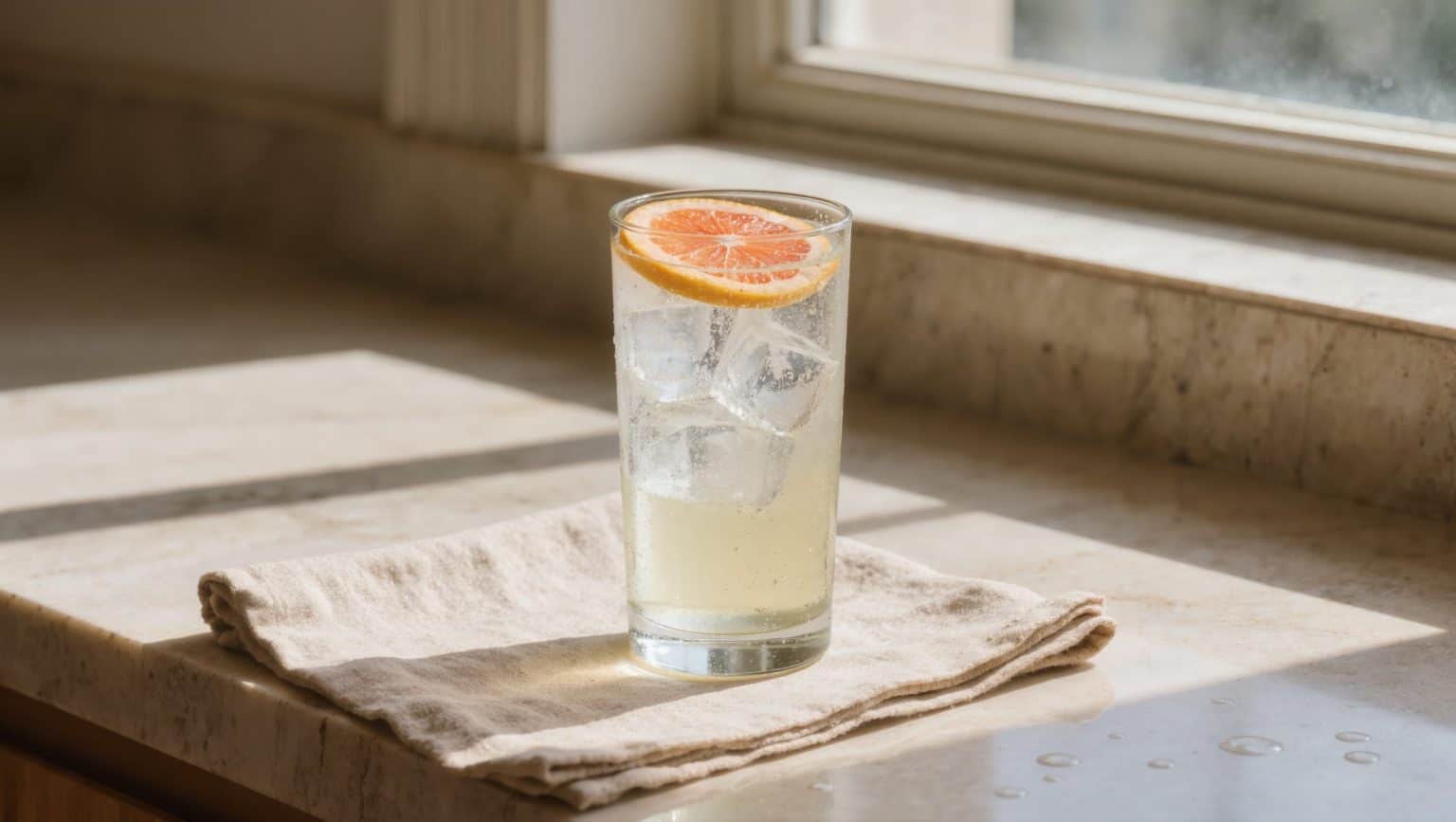 A tall glass of pale sparkling liquid over ice with a coin of citrus, on a cream stone counter beside a folded linen napkin, in soft window light.
