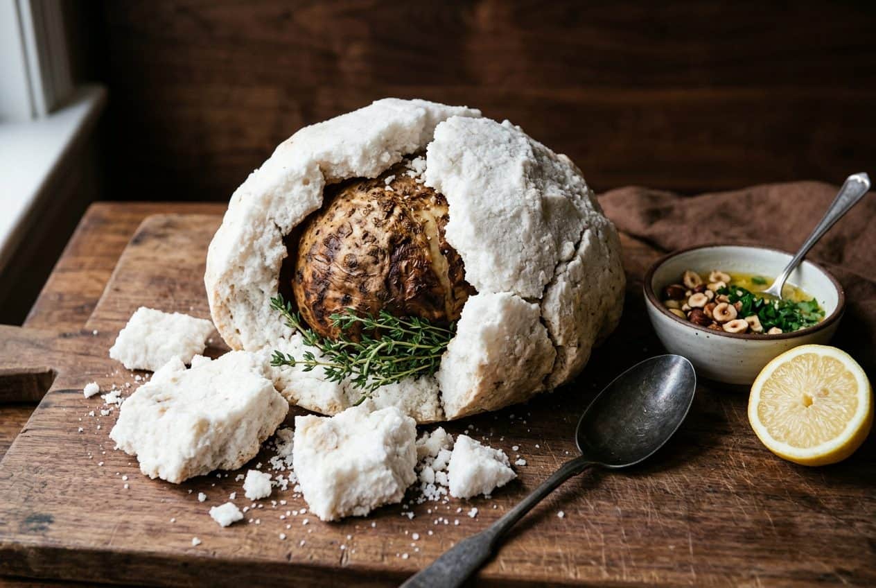 A whole celeriac in a cracked white salt crust with thyme on a wooden board, a spoon, a bowl of butter with hazelnuts and parsley, and half a lemon