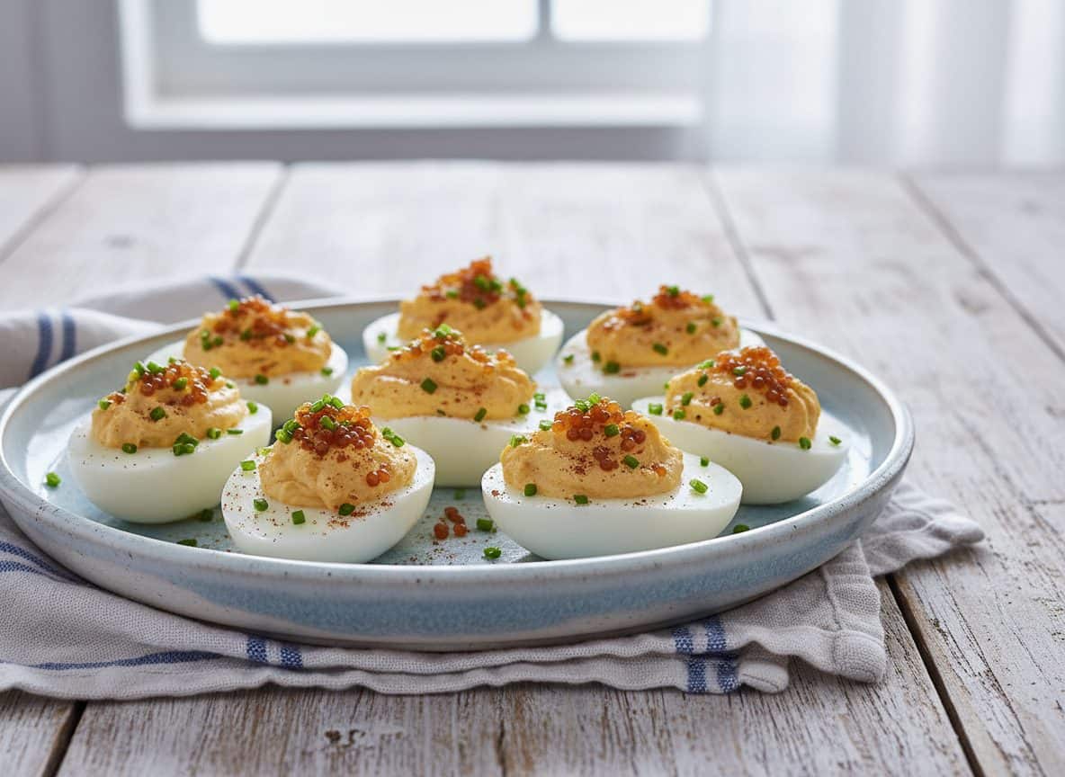 Deviled eggs topped with pickled mustard seeds, chives and smoked paprika on a chilled platter.
