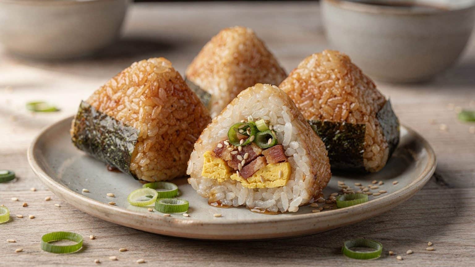 Golden crisp breakfast onigiri with nori, scallions, sesame, and a cut-open bacon-and-egg filling.