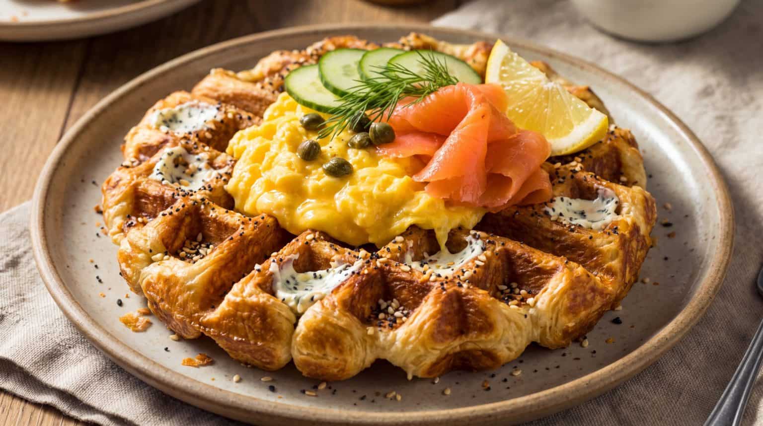 Croffle with waffle ridges and visible flaky croissant lamination, topped with smoked salmon, soft scrambled eggs, dill-caper cream cheese, cucumber, dill, capers, and lemon.