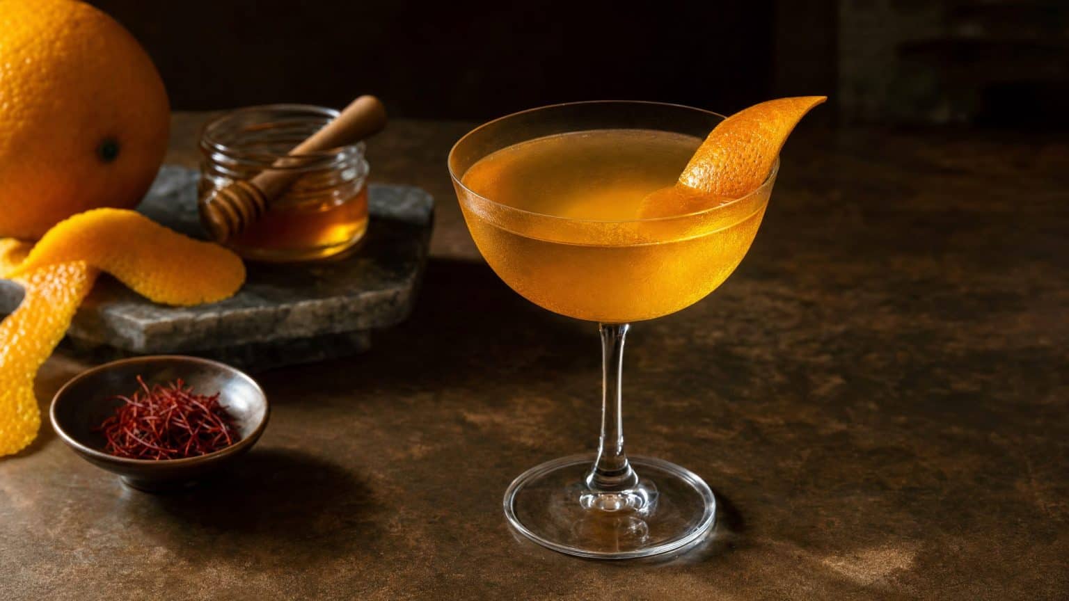 Golden saffron-honey Cognac Sidecar in a chilled coupe with one broad orange twist and no sugar rim.