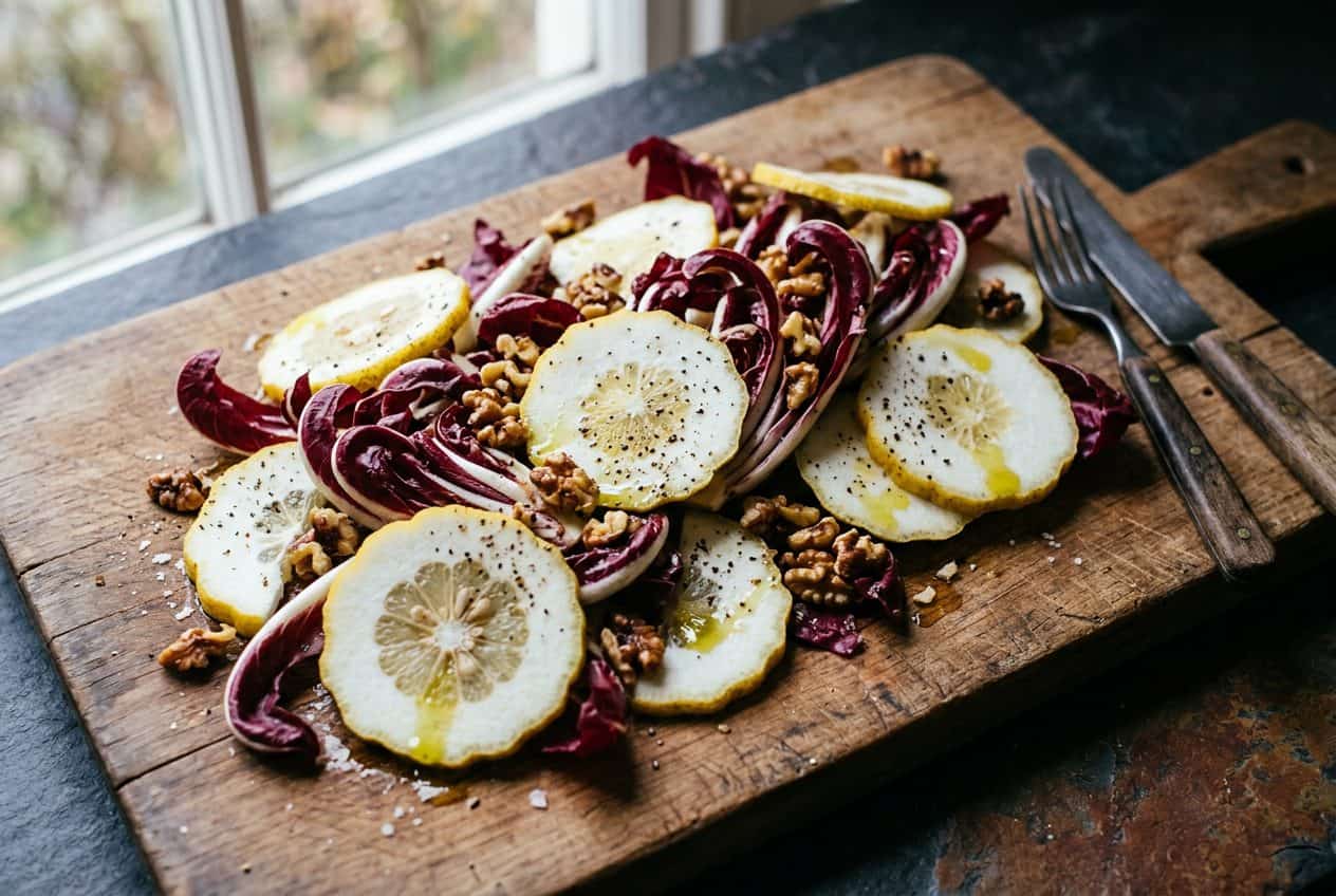 Torn tardivo radicchio with thick-pithed citron slices and toasted walnuts dressed with olive oil on a wooden board