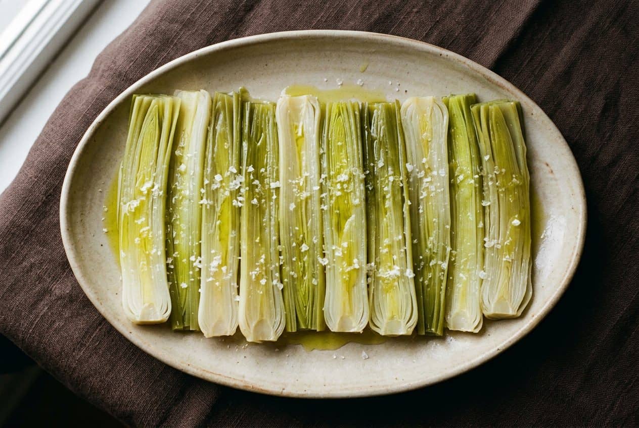 Boiled leeks split lengthwise, laid side by side on an oval platter with olive oil and flaky sea salt