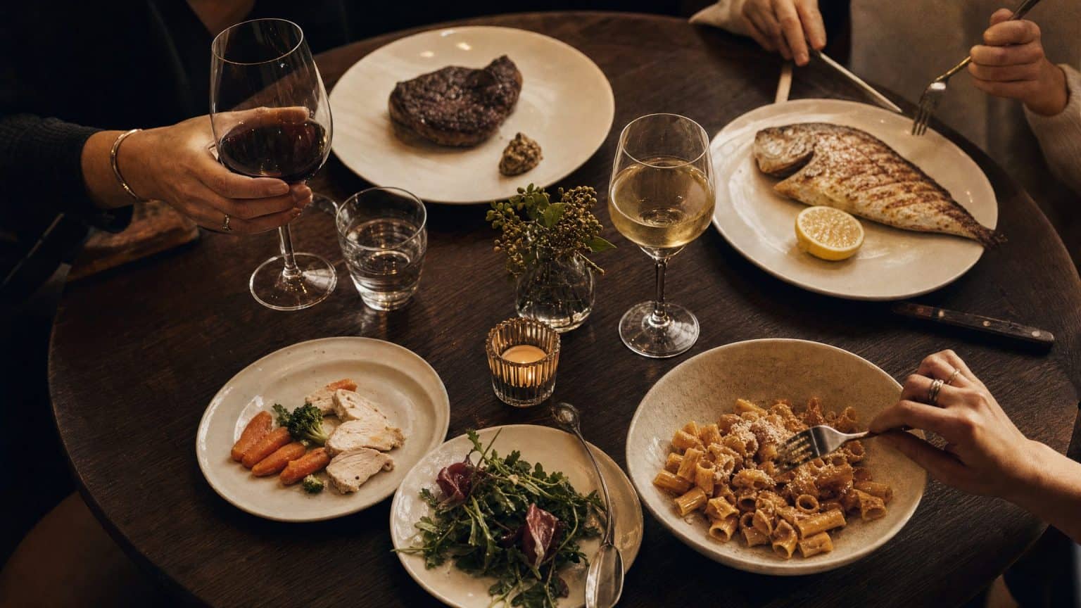 A restaurant table mid-meal seen from above, the plates visibly different from one another: a steak, a plain grilled fish, a bowl of pasta, a salad and a small child's portion.