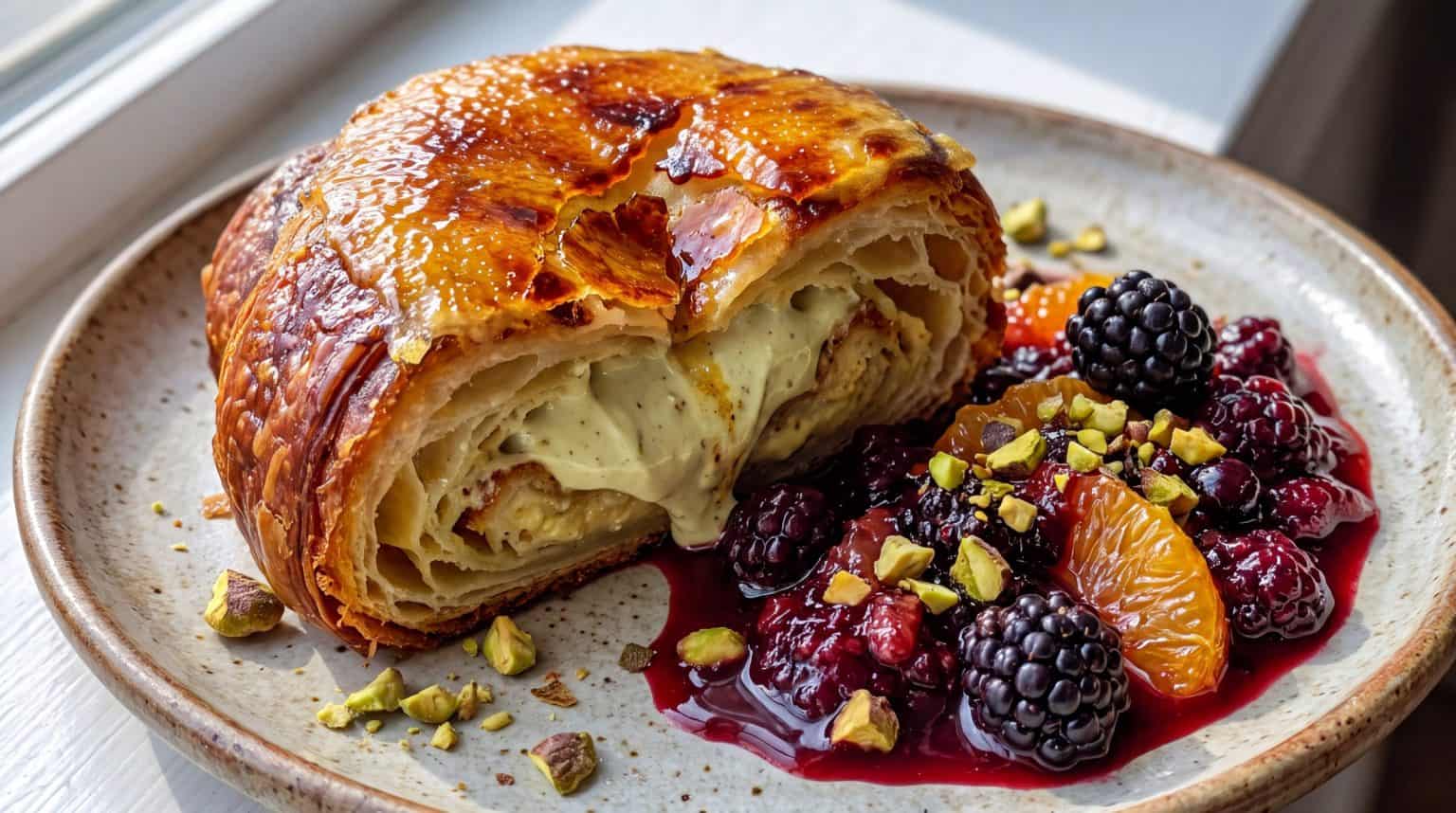 Croissant French toast with laminated pastry layers, cracked brûléed sugar, visible pistachio cream center, and blackberry-orange compote beside it.
