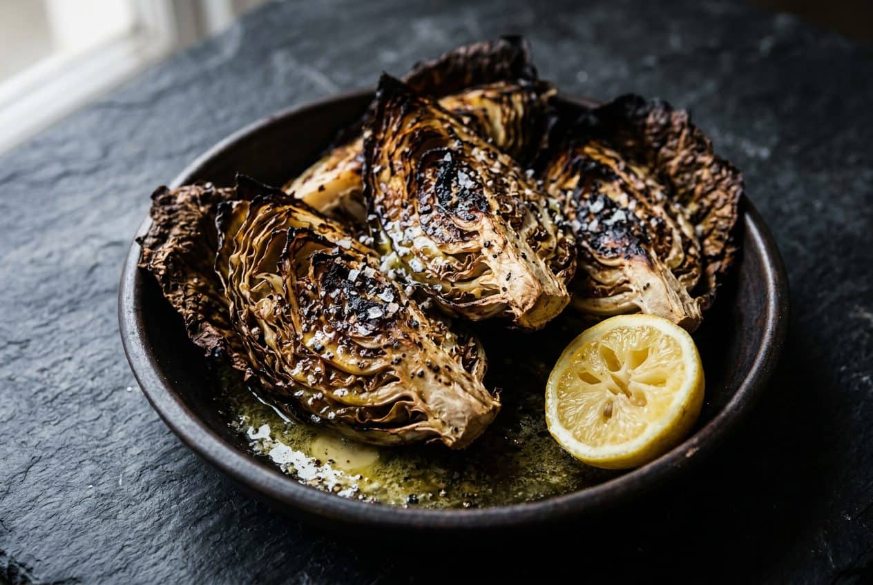 Charred roast cabbage wedges in a dark dish with melted butter, flaky salt, black pepper and half a lemon.