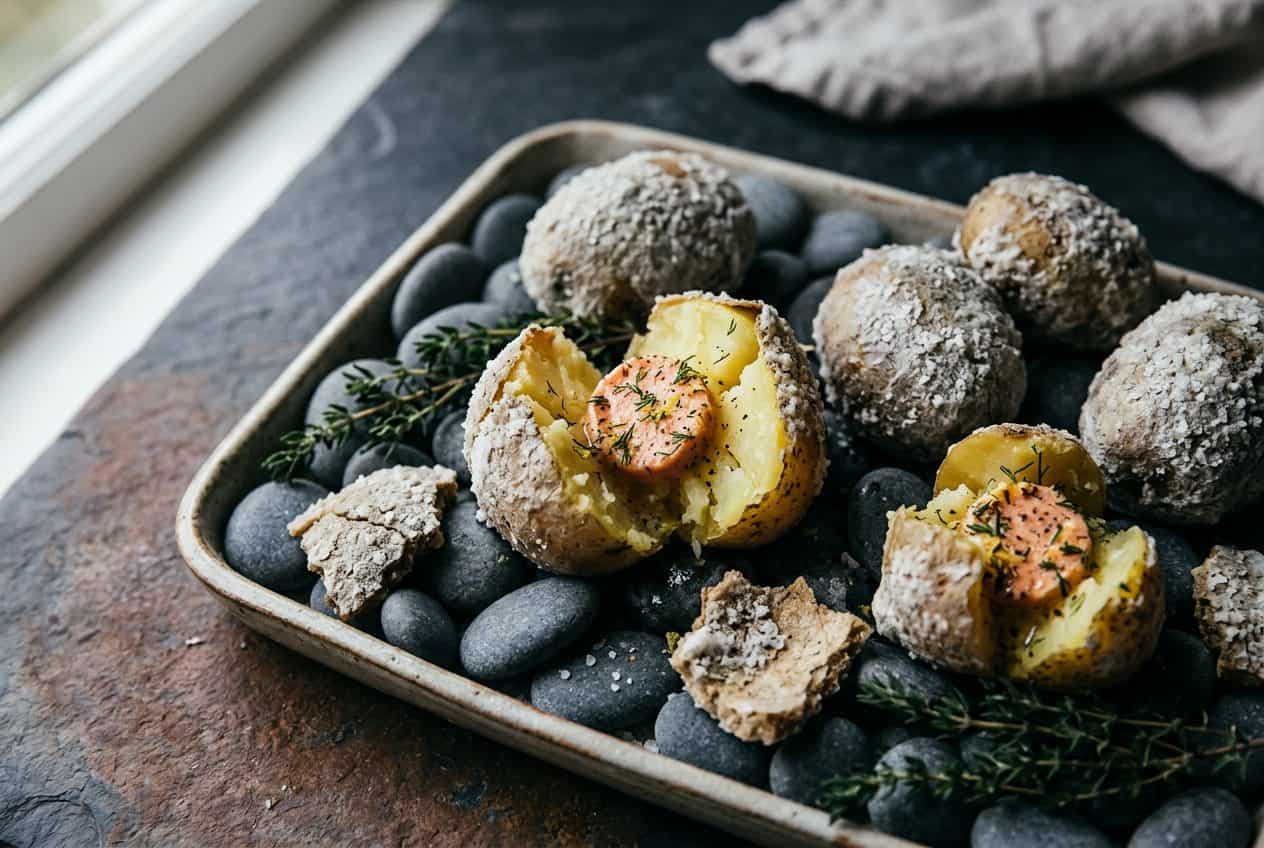 Small salt-crusted baked potatoes on a tray of grey beach pebbles, two split open with a coin of pink roe butter and dill.