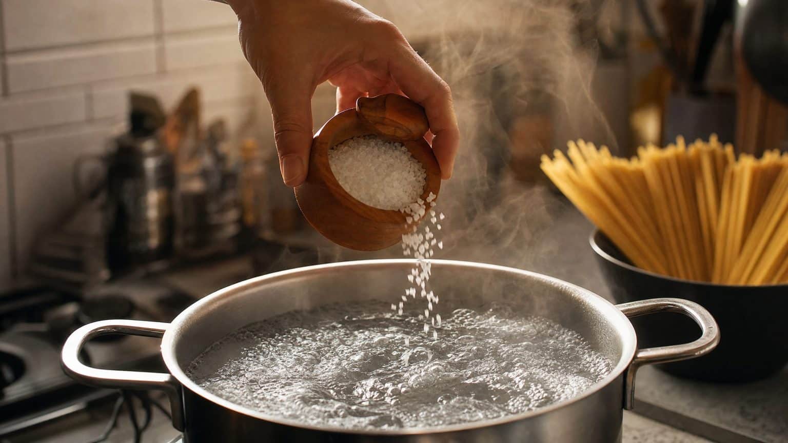A hand tips coarse salt from a wooden cellar into a large pot of boiling water on a home stove, steam rising, dry pasta waiting on the counter behind.