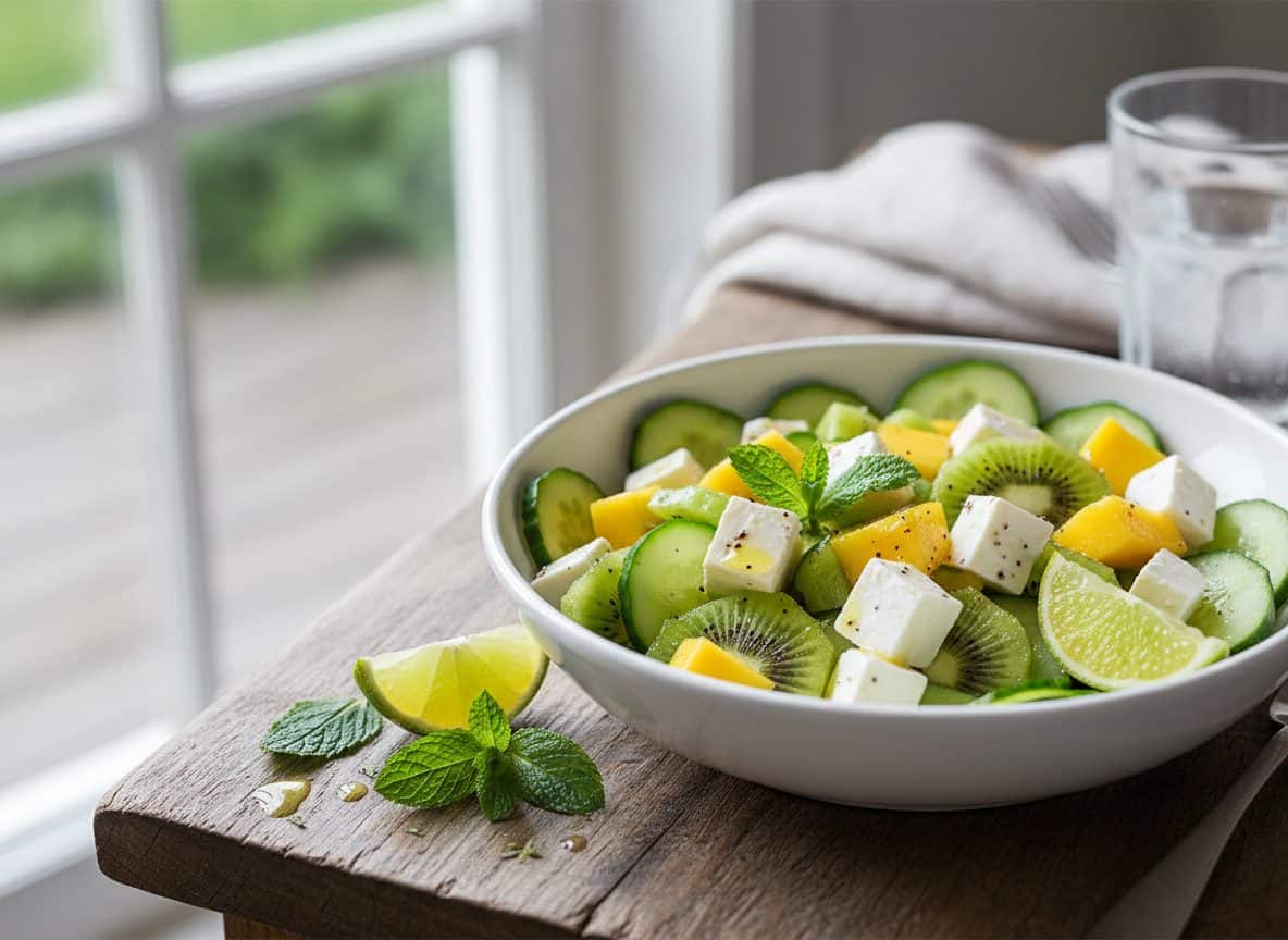 Fresh melon and cucumber salad with feta, mint and lime.