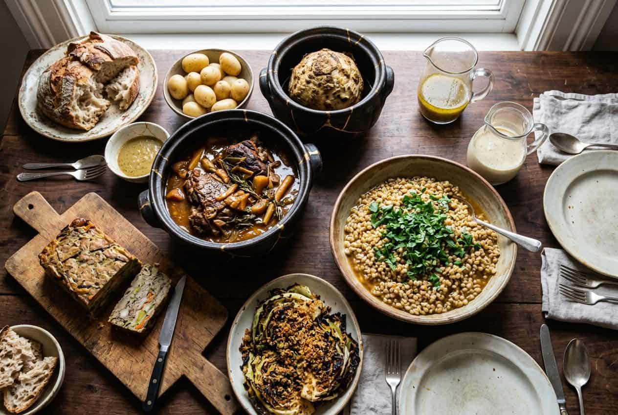 Overhead view of a shared dinner table: braised lamb and a whole celeriac in gold-repaired pots, barley, charred cabbage with crumb, new potatoes, bread and a vegetable terrine.