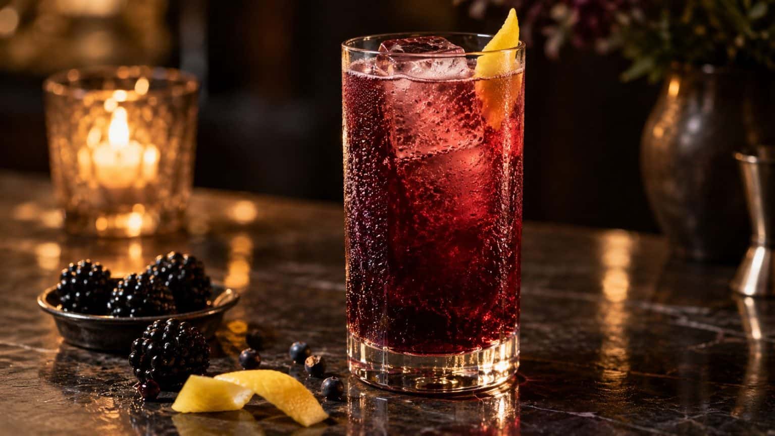 A tall blackberry highball over ice with a lemon twist on a dark marble bar, blackberries in a small pewter dish and a votive glowing behind.
