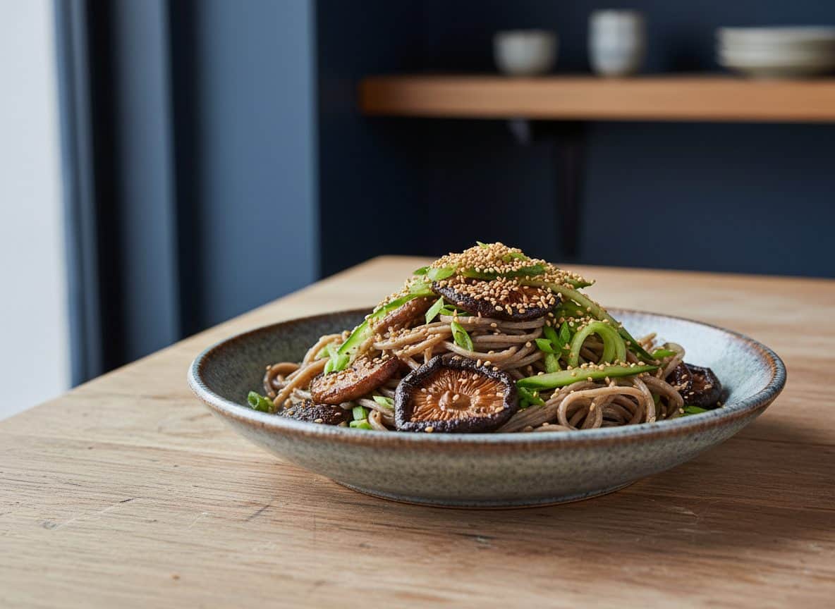 Cold soba salad with seared mushrooms, cucumber, scallions and toasted sesame seeds in a shallow bowl.