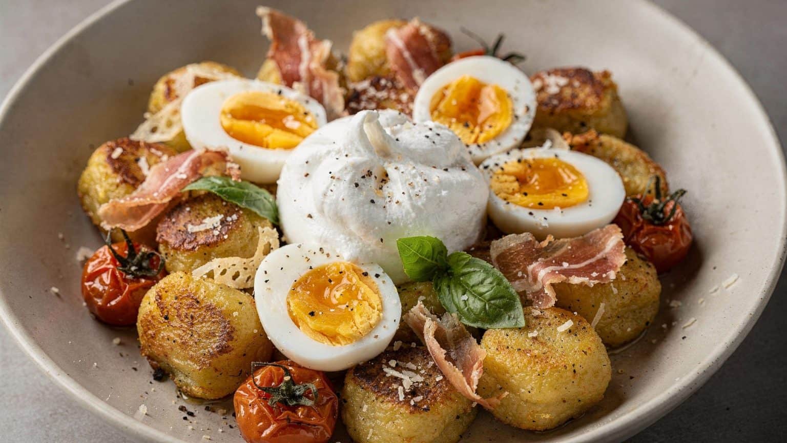 Pan-crisped gnocchi with blistered tomatoes, crisp prosciutto, burrata, basil, and halved jammy eggs.