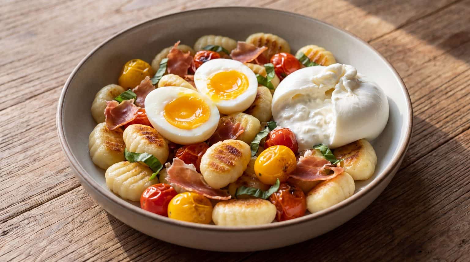 Pan-crisped oval potato gnocchi with blistered tomatoes, crisp prosciutto, a distinct burrata mound, basil, and halved jammy eggs.