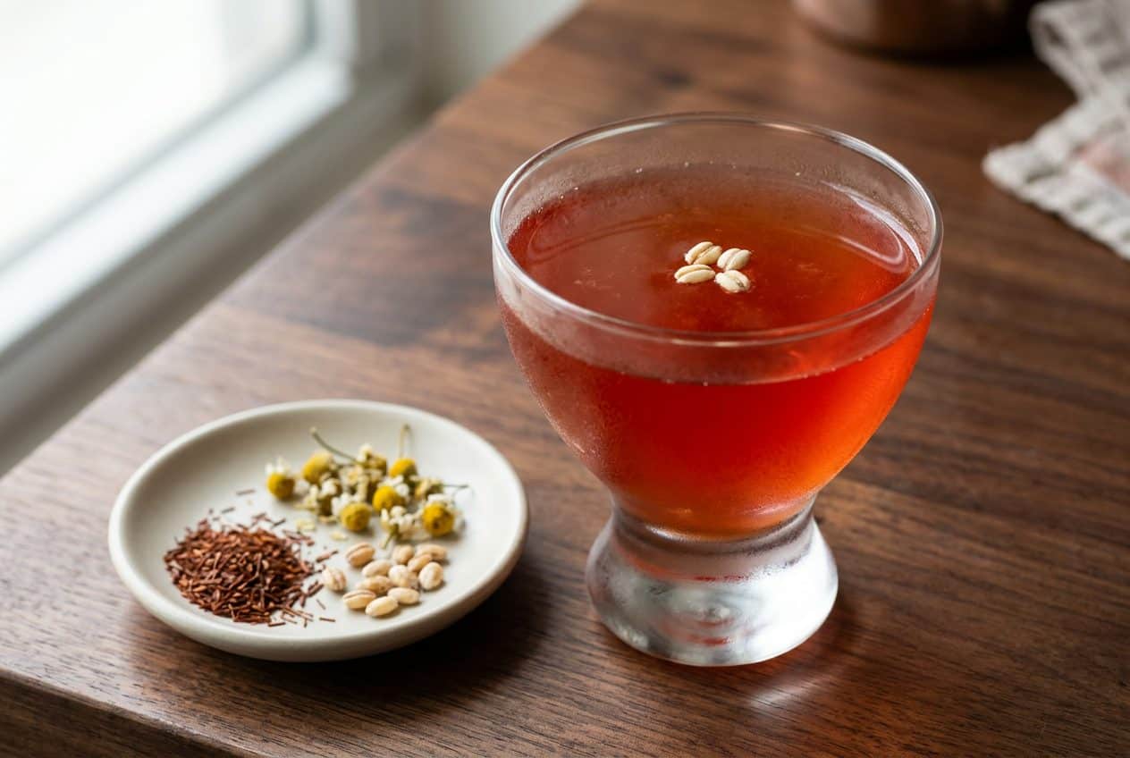 A small heavy-based glass of clear red-orange barley, chamomile and rooibos drink with three barley grains floating on top, beside a dish of rooibos, chamomile flowers and barley.