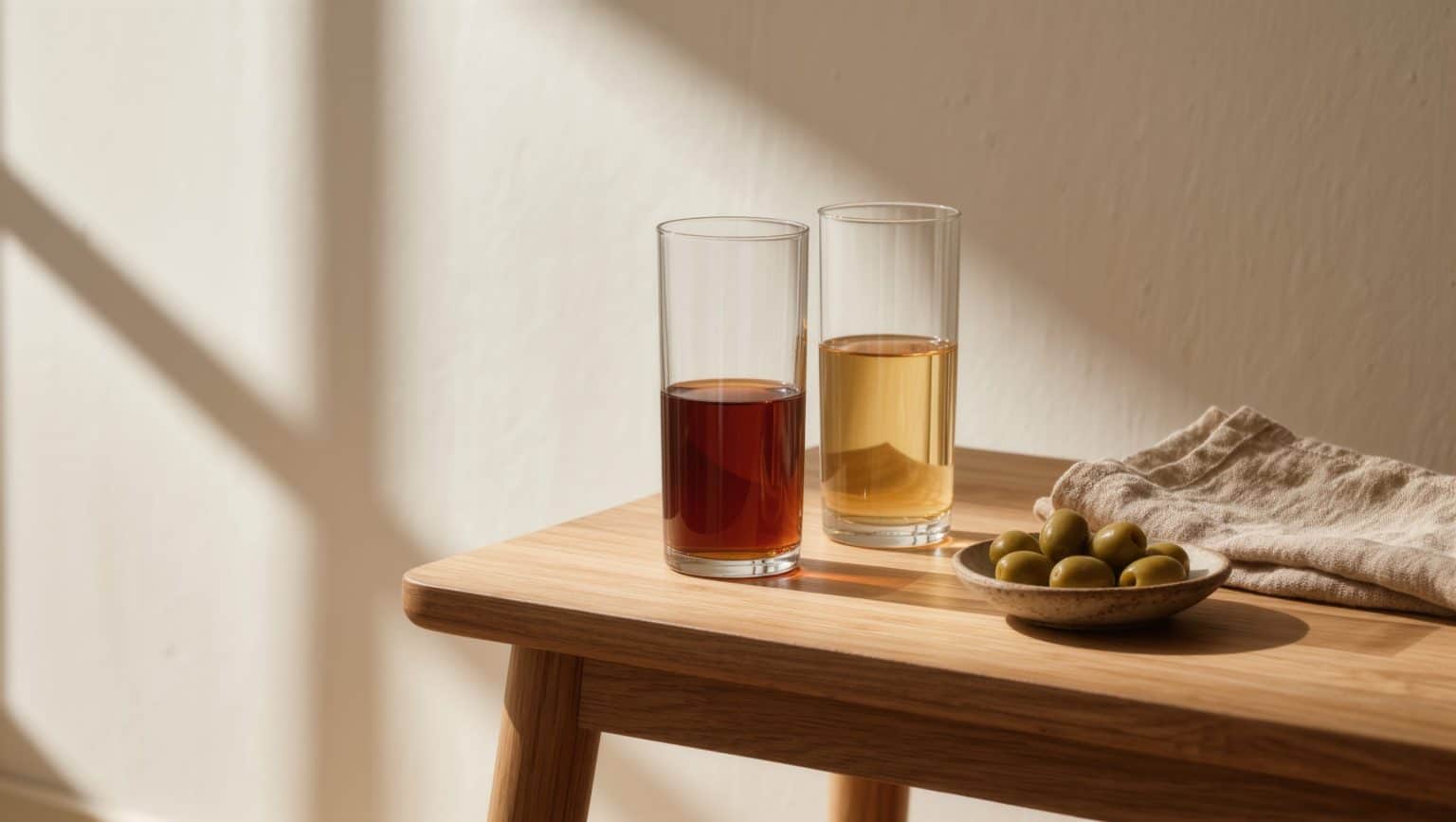 Two tall drinks, one dark amber and one pale, on a small pale wooden side table with a linen napkin and a dish of olives, in soft afternoon daylight.