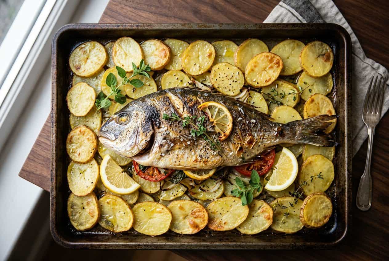 A whole roasted bream on a tray of sliced roast potatoes with tomato, lemon slices, oregano and thyme, seen from above
