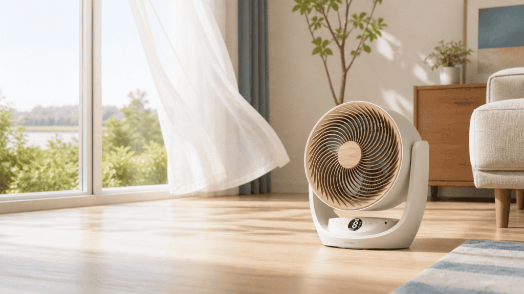 SwitchBot Battery Circulator Fan 2 Pro in a bright modern living room