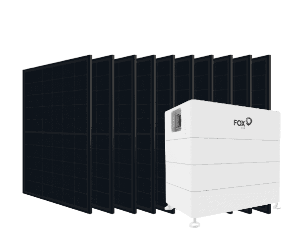 10 black solar panels behind a white Fox battery. This is a solar package available at Aspecte.