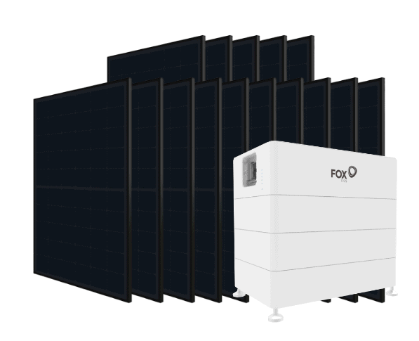 A group of solar panels is positioned behind a white energy storage unit labeled FOX ESS.