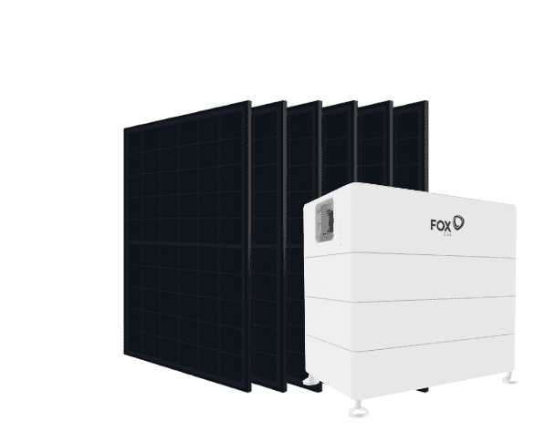 A stack of six black solar panels next to a white FOX ESS power storage unit.