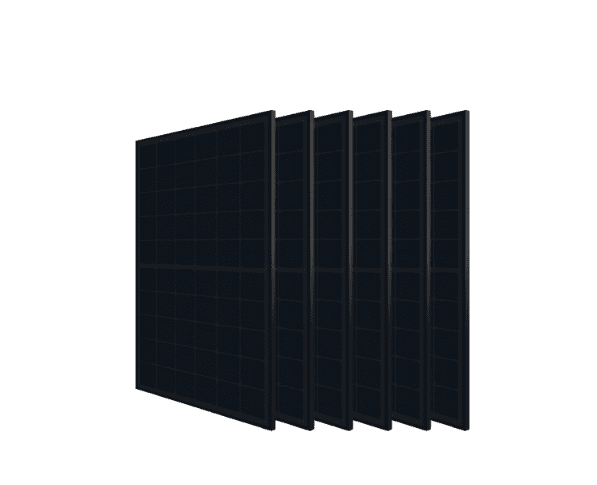 A group of six black rectangular solar panels arranged in a row, viewed at an angle.
