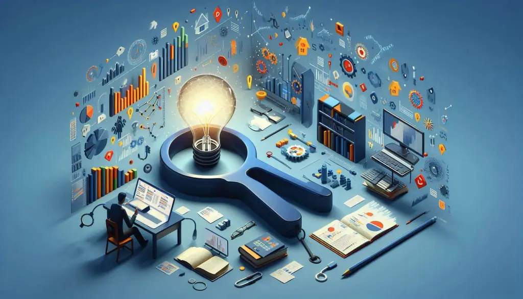 A vibrant illustration, a lightbulb in a magnifying glass, surrounded by charts, graphs, and devices symbolizing data analysis.
