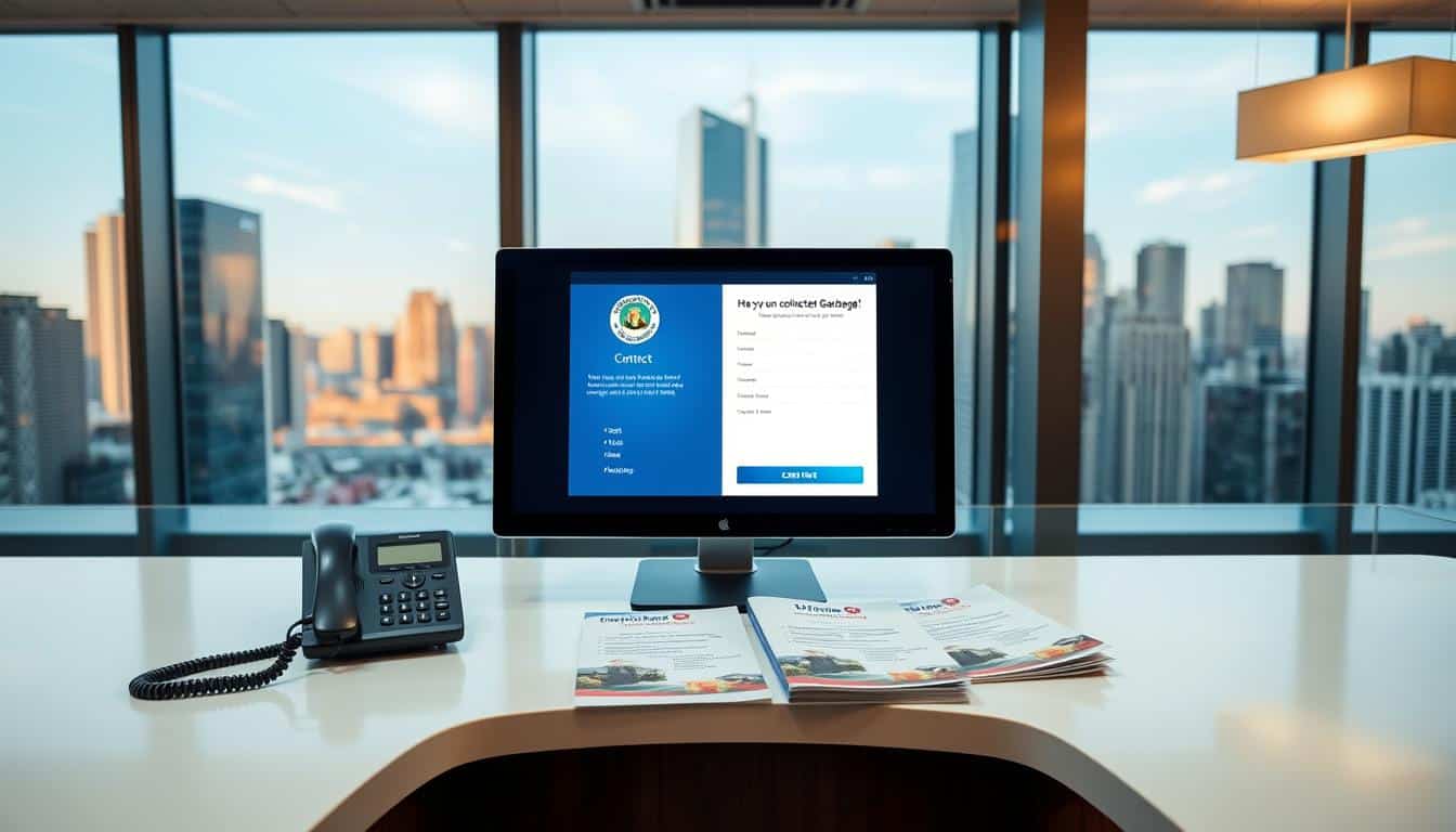 A modern, well-lit office setting, with a prominent desk or counter at the center. On the desk, various communication channels are displayed - a landline phone, a computer monitor showing an online contact form, and informational brochures. The background features city skyline views through large windows, conveying a professional, urban atmosphere. The lighting is warm and inviting, creating a welcoming ambiance for visitors. The overall scene suggests an efficient, customer-focused environment for reporting issues like uncollected garbage to the appropriate municipal authorities.