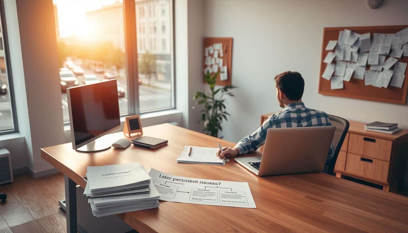 A clean, well-lit office space with a large wooden desk and a modern computer setup. In the foreground, a person sits at the desk, focused on a laptop screen, with a stack of papers and a pen in hand. On the desk, a flowchart diagram illustrates the escalation process for persistent issues, with clear steps and decision points. The middle ground features a bulletin board on the wall, displaying various notes and reminders. The background showcases a window overlooking a bustling city street, with a warm, golden afternoon light filtering in. The overall atmosphere conveys a sense of professionalism and determination to resolve the persistent issue at hand.